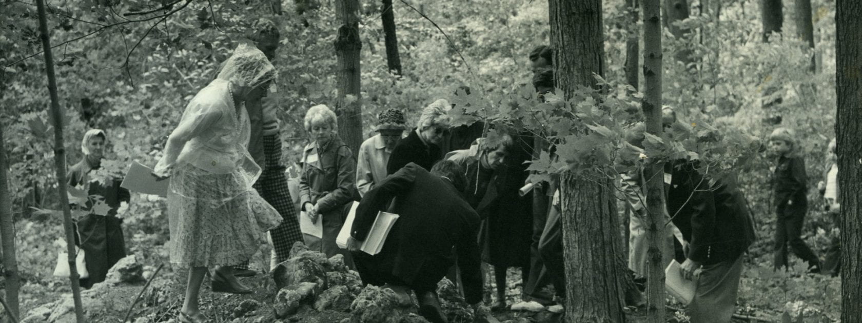 A group of people gather and look at the stump of a tree in the woods. One woman on the left is pulling up her skirt as she walks nearer to the group.