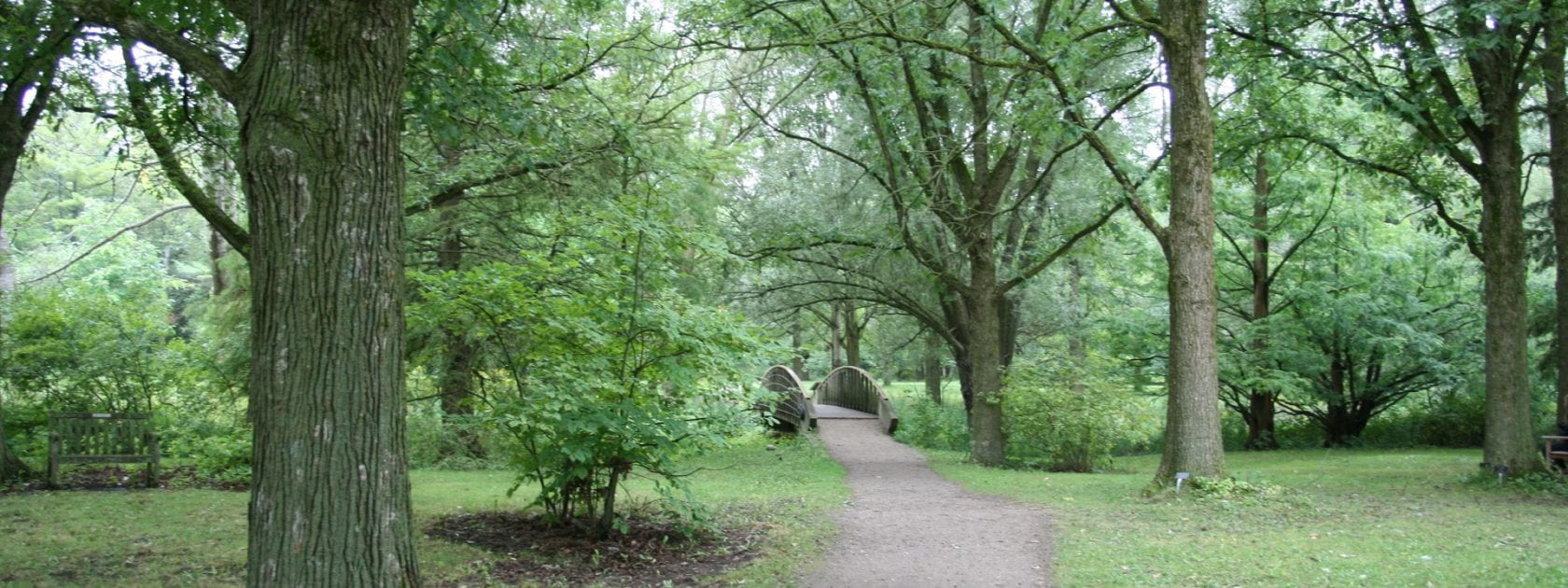 A gravel path moves away from the viewer and into the distance over a bridge. The area on both sides of the path is green and filled with tall trees.